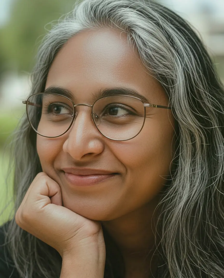eGenome member resting her chin on her hand, smiling